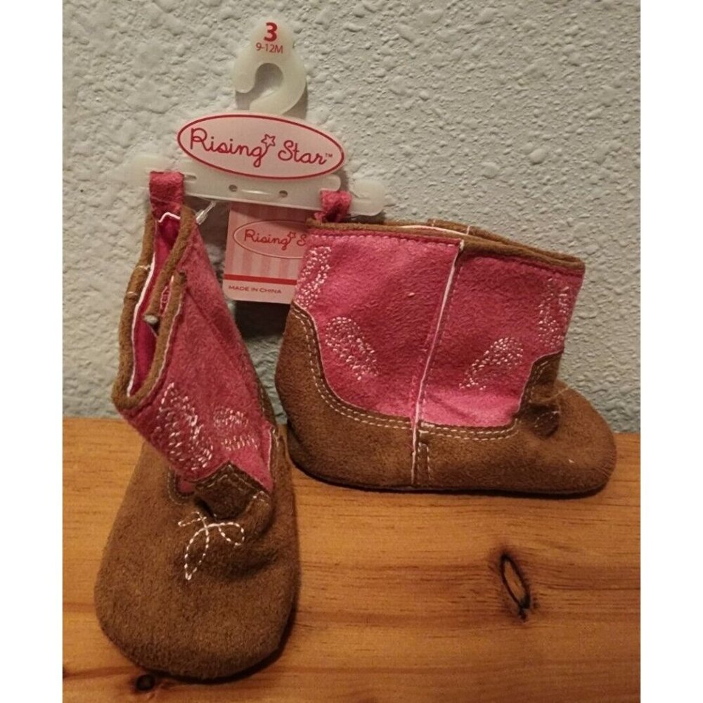 NEW Rising Star Cowboy Cowgirl Soft Sole Boots Pink/Brown Infant Sz 9-12 Months